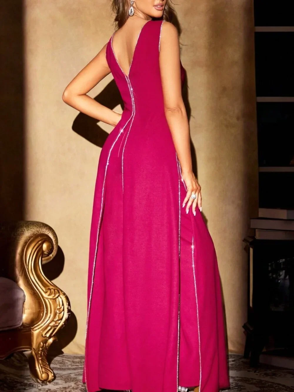 Hot Pink Elegant Women's Deep V-Neck Sleeveless Split Leg Pants